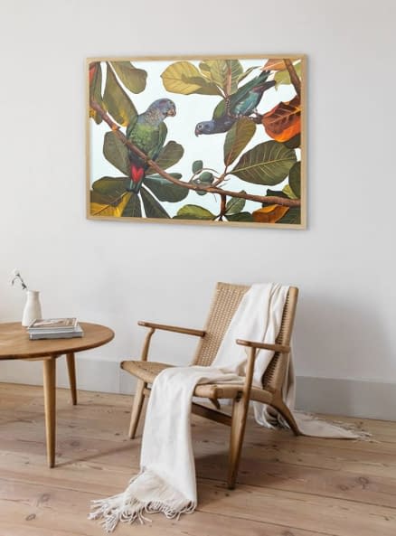 Image 1 of the artwork "2 maitaca-verde parrots  on a terminalia catappa tree" by Clarissa P. Valaeys on art24
