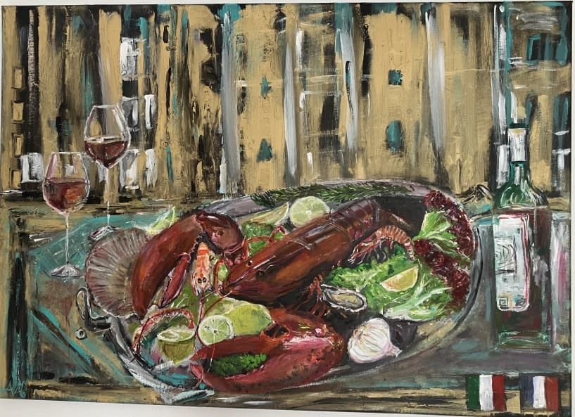 Foto 1 des Kunstwerks "Originalgemälde von Annette Matzelle (AM) aus der Küchenserie mit dem Titel: „ à la cuisine-  le homard“" von Annette Irma Matzelle (AM) auf art24