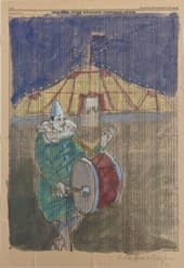 Foto 1 des Kunstwerks "Clown mit Trommel auf "financial-Times"-Paper" von Haetti auf art24