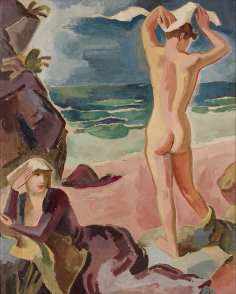 Image 1 of the artwork "Stilisierter stehender Rückenakt und Sitzende am Strand" by Rudolf (auch Rudolph) Urech on art24