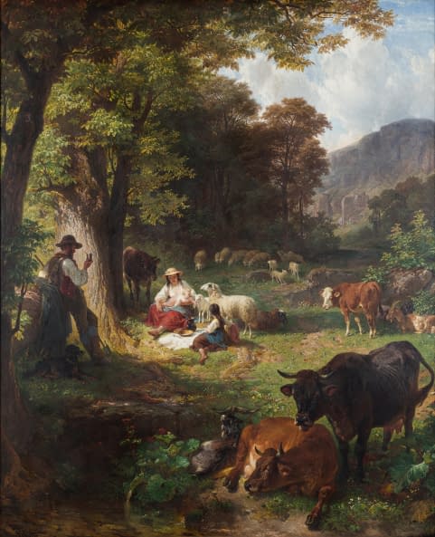 Image 1 of the artwork "Idyll - Familienglück bei der Mittagsruhe mit Kühen und Schafen" by Johann Friedrich Voltz on art24