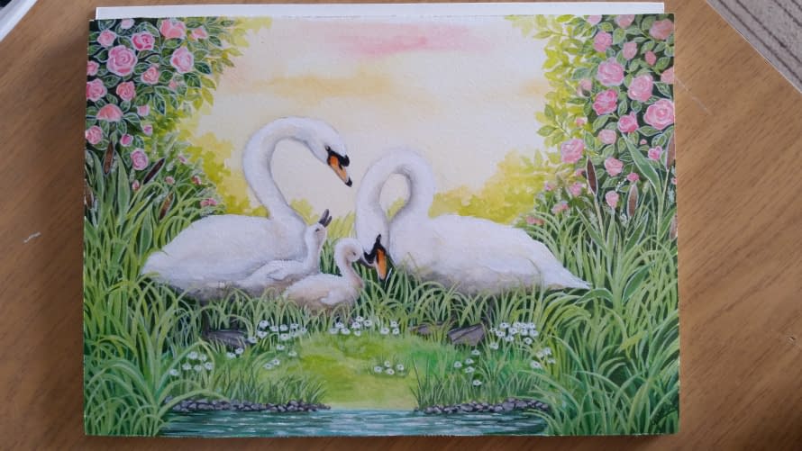 Image 1 of the artwork "Swan family in a garden" by Yasmin C. on art24