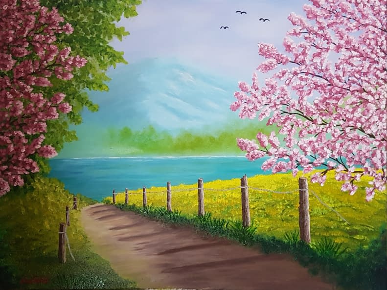 Image 1 of the artwork "Rosa Kirschblüten am Weg" by Lisa Tahar on art24