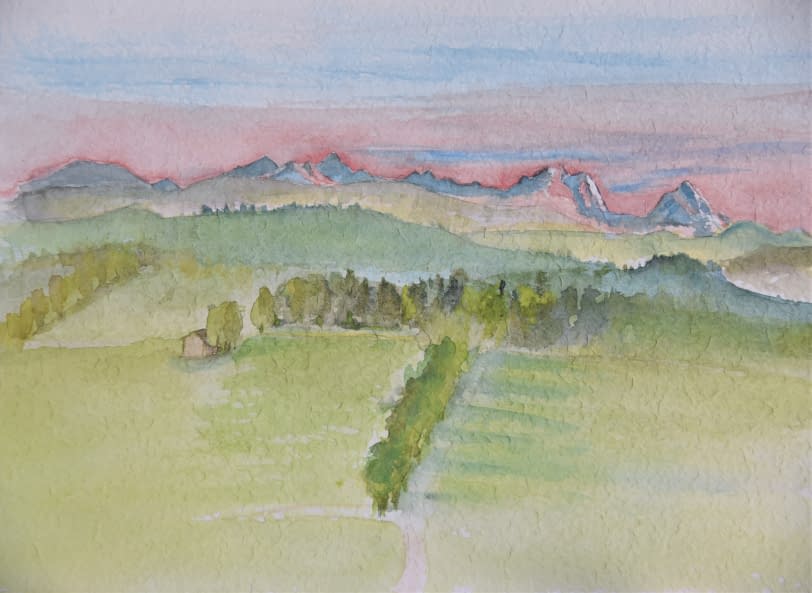 Photo 1 de l'œuvre "Aussicht auf die Alpen und das Wauwilermoos" par Angela Roos-Maguire sur art24