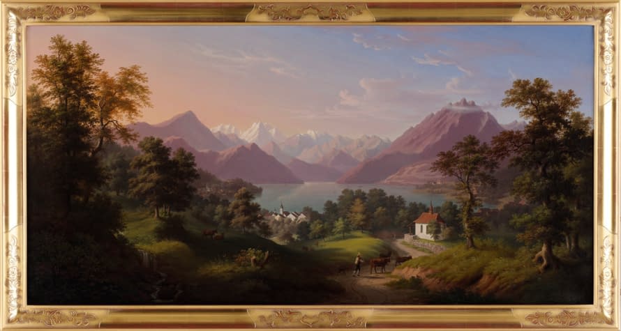 Photo 1 de l'œuvre "Landschaft mit Tier- und Figurenstaffage und Blick auf Küssnacht am Rigi und den Vierwaldstättersee" par Anton Winterlin sur art24