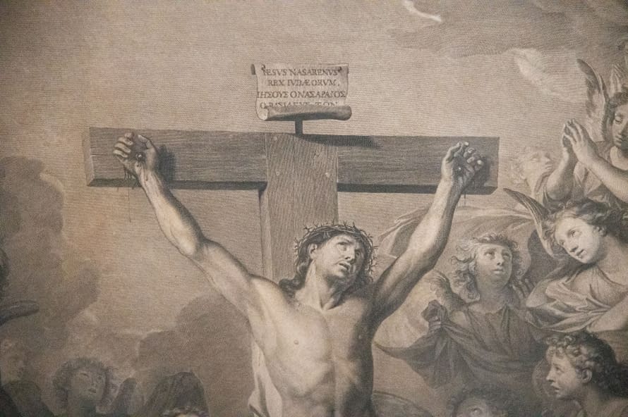 Image 1 of the artwork "Christianissimo Regi Dignum Mundo, Angelis et Hominibus Christi patientis Spectaculum (Christus am Kreuz von Engeln angebetet)" by Charles Le Brun on art24