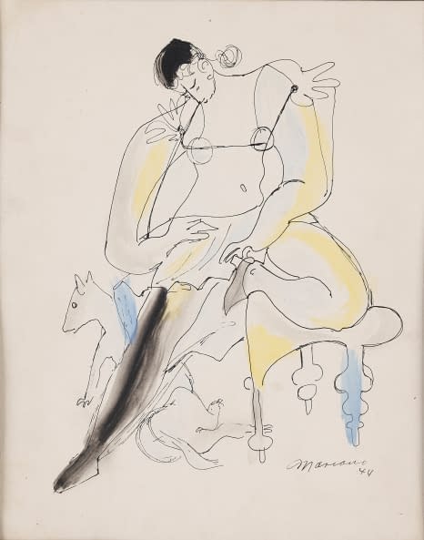 Image 1 of the artwork "Sitzender weiblicher Halbakt mit Hund" by José Mariano Manuel Rodríguez Álvarez on art24