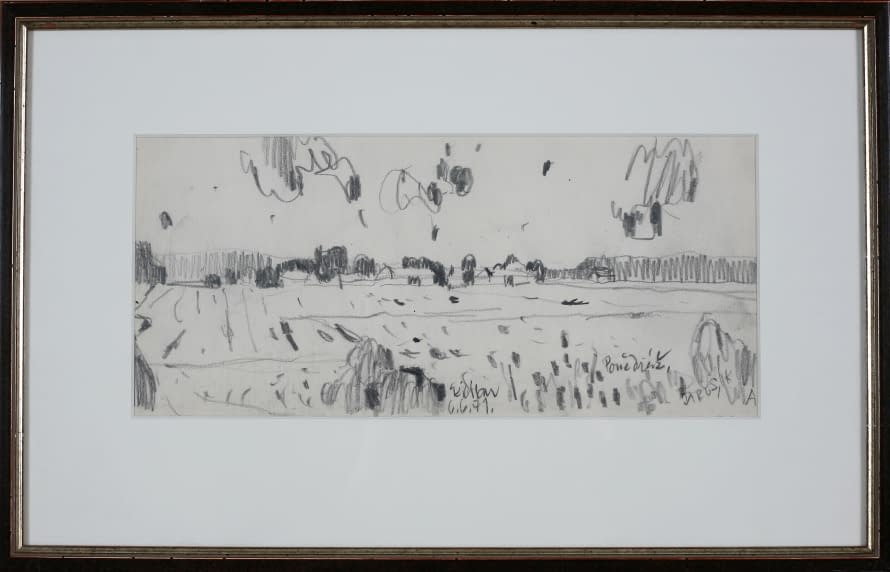 Photo 1 de l'œuvre "Landschaftszeichenskizze Ponědráž Hrusik (dt. verschneites Hrusice)" par Josef Kilián sur art24