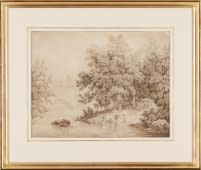 "Hirtenknabe Kühe und Schafe an die Tränke führend vor Waldlichtung und Brücke" de Pierre-Louis De la Rive sur art24