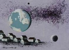 "Schwebende Erde mit Milchstrasse und Planeten über Dorf" by Maximilian Hilpert on art24
