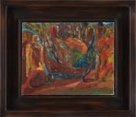 "Stillleben mit Flaschen und Früchtekorb" von Clara Porges auf art24