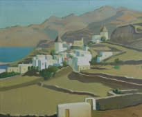"Ansicht griechisches Dorf an Küste mit Windmühlen (vermutl. auf Mykonos)" de Fred Fay sur art24