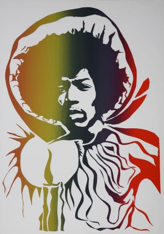 Image 1 of the artwork "Jimi Hendrix burning of the midnight lamp" by Hans Binz on art24