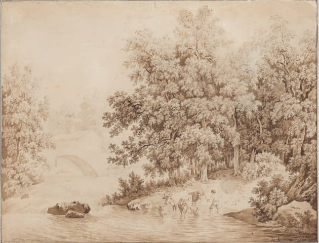 Image 2 of the artwork "Hirtenknabe Kühe und Schafe an die Tränke führend vor Waldlichtung und Brücke" by Pierre-Louis De la Rive on art24