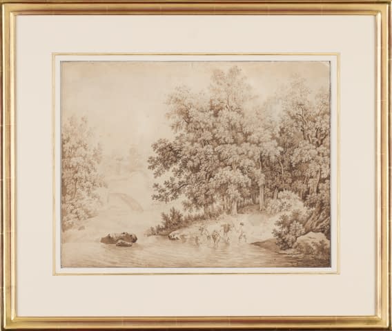 Image 1 of the artwork "Hirtenknabe Kühe und Schafe an die Tränke führend vor Waldlichtung und Brücke" by Pierre-Louis De la Rive on art24
