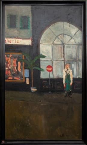 Image 1 de l'œuvre "Mann (Metzger) mit Palme und Verbotsschild, vor einem Schaufenster" par Pöldi sur art24