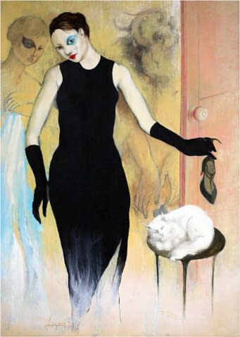 Image 1 of the artwork "Dame im schwarzen Kleid mit weisser Katze" by Jesús Nodarse Valdés on art24