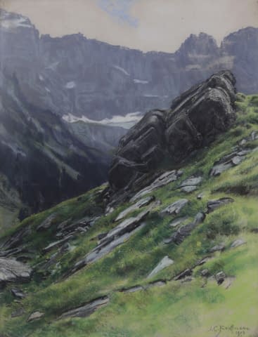 Foto 1 des Kunstwerks "Im Brunnital bei Unterschächen mit Hüfigletscher im Hintergrund" von Joseph Clemens Kaufmann auf art24
