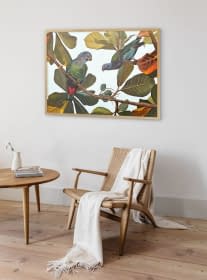 "2 maitaca-verde parrots  on a terminalia catappa tree" by Clarissa P. Valaeys on art24