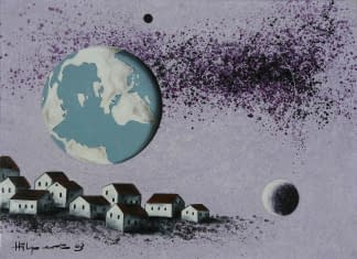 "Schwebende Erde mit Milchstrasse und Planeten über Dorf" by Maximilian Hilpert on art24