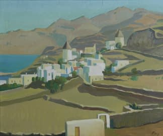 "Ansicht griechisches Dorf an Küste mit Windmühlen (vermutl. auf Mykonos)" by Fred Fay on art24