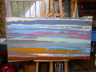 "Landschaft abstrakt - rot, blau, gelb" von Ebba Sakel auf art24