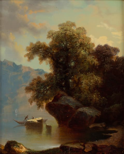 Image 1 of the artwork "Paysage lacustre avec barque" by Jean Marc Benjamin Tepping on art24